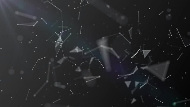 Animated halftone background. Movements of  big bang. A pattern connecting lines, triangles, dots, particles. Outer space. Shards of glass. Destroyed plexuses. 3d rendering. 4k