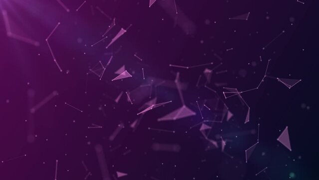 Animated purple background. Movements of big bang. A pattern of glowing neon connecting lines, triangles, dots, particles. Outer space. Shards of glass. Destroyed plexuses. 3d rendering. 4k