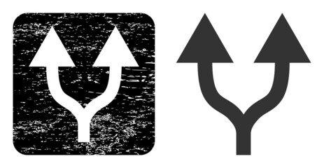 Vector split arrows up subtracted icon. Grunge split arrows up seal stamp, done with icon and rounded square. Rounded square seal contain split arrows up subtracted shape inside.