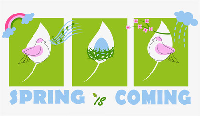 A decorative postcard template with the phrase "Spring is coming", happy birds and an egg in the nest. Flat colorful vector illustration.
