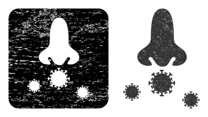 Vector nose viruses carved pictogram. Grunge nose viruses seal stamp, done from icon and rounded square. Rounded square stamp seal contain nose viruses subtracted shape inside.
