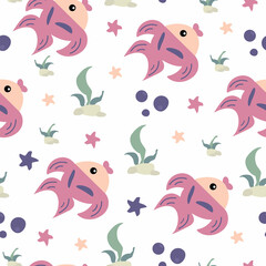 Pattern with bright fish and stars