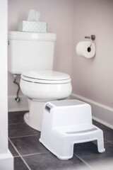 child step stool in front of toilet in bathroom