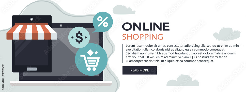 Wall mural on line shopping and payment methods. mobile payments. pay per click and online order. flat vector i