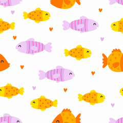 Seamless pattern with cute fish and heart. Vector childish illustration