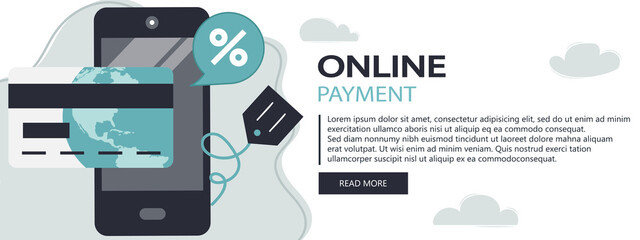 Online payment website banner. On line shopping and payment Methods. Mobile payments. Pay per click and online order. Flat vector illustration