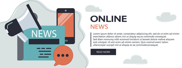 Vector illustration. Flat header. Online news banner. Newsletter and information. Business and market news. Financial report and coffee on wooden table	