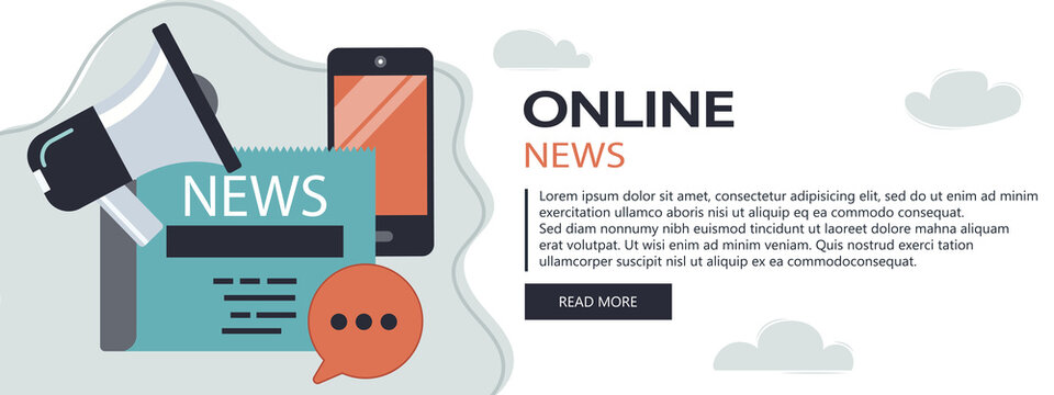 Vector illustration. Flat header. Online news banner. Newsletter and information. Business and market news. Financial report and coffee on wooden table	