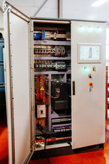 Electrical switch panel in opened switchgear cabinet