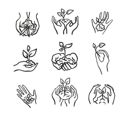 Ecology icons set ,Vector icons contains plant in hand, icons in minimalist style.Enviromental theme in doodle.Vector illustration.Hand save the earth and plants.