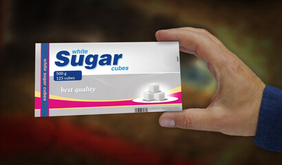 Sugar cubes pack box in hand 3d illustration