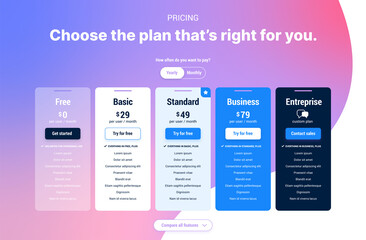 Pricing table template web page interface vector.  Website pricing plans, editable and modern infographic element. Choose the plan : free, basic, standard, business, entreprise. vector illustration.