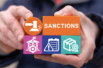 Concept of sanctions. International economic, financial and political relations. Sanctions restrictions and pressure. Embargo. Sanctioned country and goods. - obrazy, fototapety, plakaty