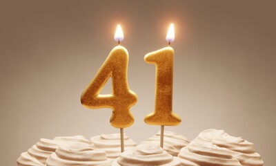 41st birthday or anniversary celebration. Lit golden number candles on cake with icing in neutral tones. 3D rendering