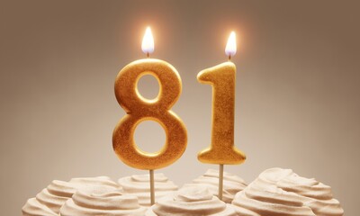 81st birthday or anniversary celebration. Lit golden number candles on cake with icing in neutral tones. 3D rendering
