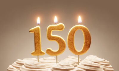 150th anniversary or milestone celebration. Lit golden number candles on cake with icing in neutral tones. 3D rendering