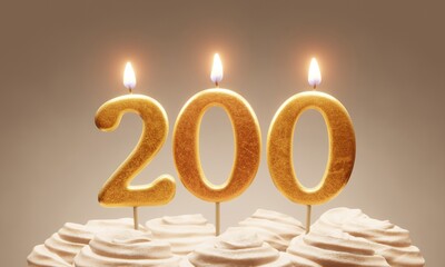 200th anniversary or milestone celebration. Lit golden number candles on cake with icing in neutral tones. 3D rendering