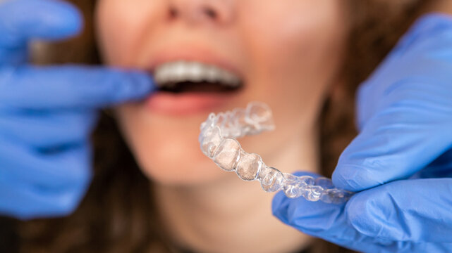 Orthodontist doctor putting silicone invisible transparent braces on woman teeth