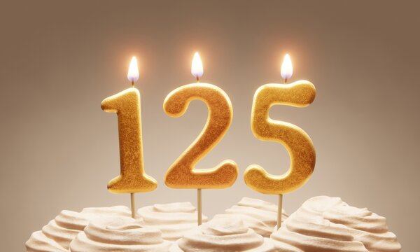 125th anniversary or milestone celebration. Lit golden number candles on cake with icing in neutral tones. 3D rendering