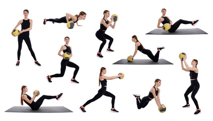 Athletic woman doing different exercises with medicine ball on white background, collage