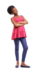 You know Im confident. Full length studio portrait of a young african american girl standing with her arms crossed isolated on white.