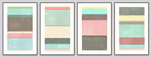 Fototapeta na wymiar A foursome of abstract vector art in a watercolor block style. Coordinated color palette of teals, grays, pinks, and yellows makes a matching quartet of imagery.