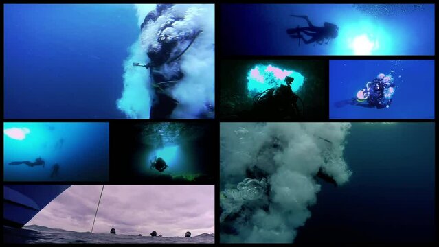 Deep Sea Scuba Diving - Boat Diving - Multi Screen Video Montage. Open Water Diving. Scuba Diver Jumping Off Dive Boat. High speed Camera Shot. Scuba Diver Silhouette Against Sunburst. Cave Diving.