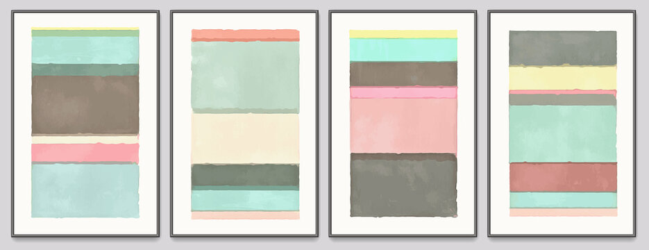 A foursome of abstract vector art in a watercolor block style. Coordinated color palette of teals, grays, pinks, and yellows makes a matching quartet of imagery.