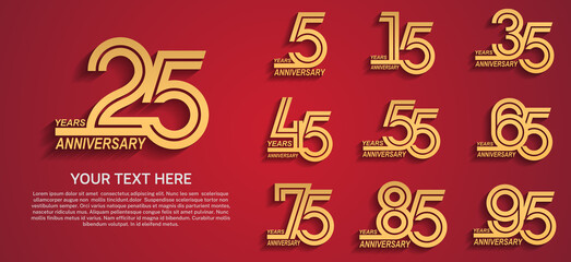 set anniversary logotype premium collection gold color multiple line style isolated on red background - obrazy, fototapety, plakaty
