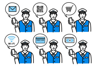 スマートフォンを持って説明をしている運転手の男性のセット
