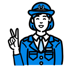 笑顔でピースサインをしている警察官の女性
