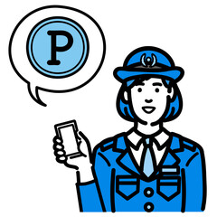 スマートフォンを持ってポイントの説明をしている警察官の女性
