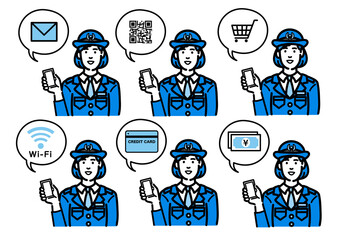 スマートフォンを持って説明をしている警察官の女性のセット
