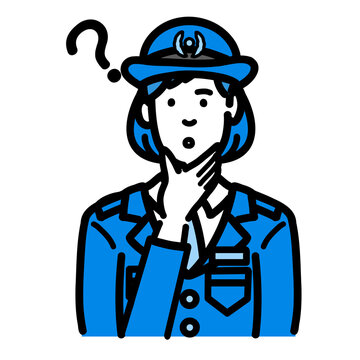 recommend clip art: 顎に手をあてて考えている警察官の女性
                    