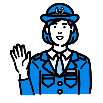 recommend clip art: 手を挙げて笑顔で挨拶をしている警察官の女性
                    