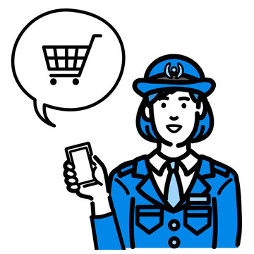 recommend clip art: スマートフォンを持ってショッピングの説明をしている警察官の女性
                    