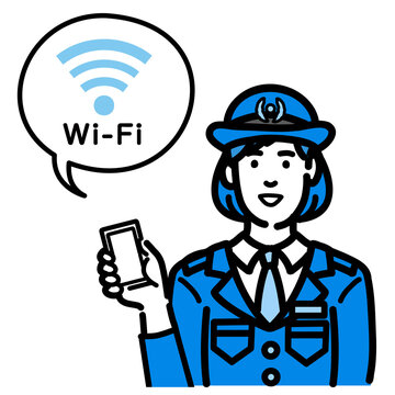 スマートフォンを持ってWi-Fiの説明をしている警察官の女性
