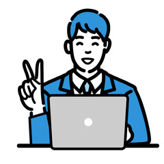 ラップトップの前で笑顔でピースサインをしているスーツを着た若い男性
