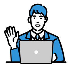 ラップトップの前で手を挙げて笑顔で挨拶しているスーツを着た男性

