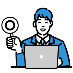 ラップトップの前でマルの札を持って笑顔のスーツを着た若い男性
