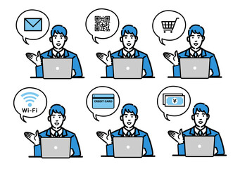 ラップトップの前で説明をしているスーツを着た若い男性のセット
