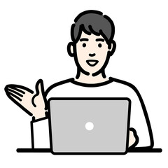 ラップトップの前で笑顔で説明をしている若い男性

