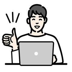 ラップトップの前で笑顔で親指を立てている若い男性
