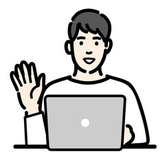 ラップトップの前で手を挙げて笑顔で挨拶している男性