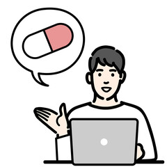ラップトップの前で薬の説明をしている若い男性
