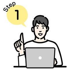 ステップ1　ラップトップの前で工程を説明する男性
