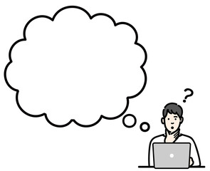 吹き出し　ラップトップの前で考えている若い男性
