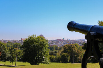 cannon in a park facing the city 