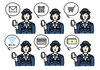 スマートフォンを持って説明をしている警察官の女性のセット
