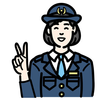 recommend clip art: 笑顔でピースサインをしている警察官の女性
                    